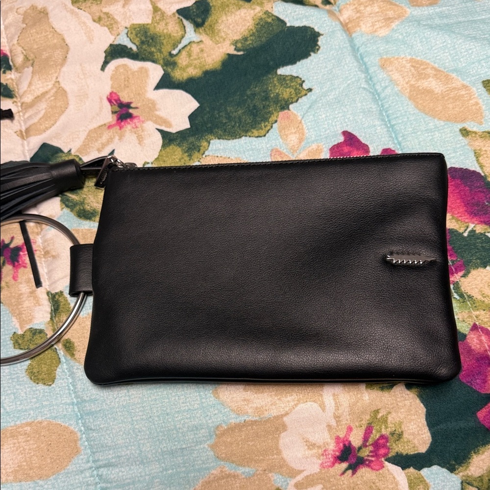 Black Leather Clutch with Tassel